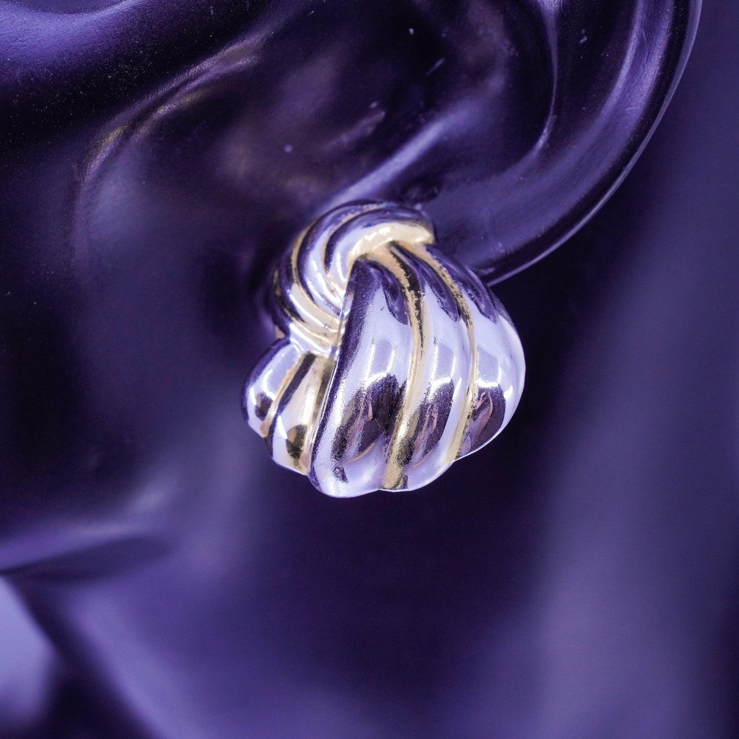 Vintage two tone Sterling 925 silver handmade earrings, wavy ribbed studs