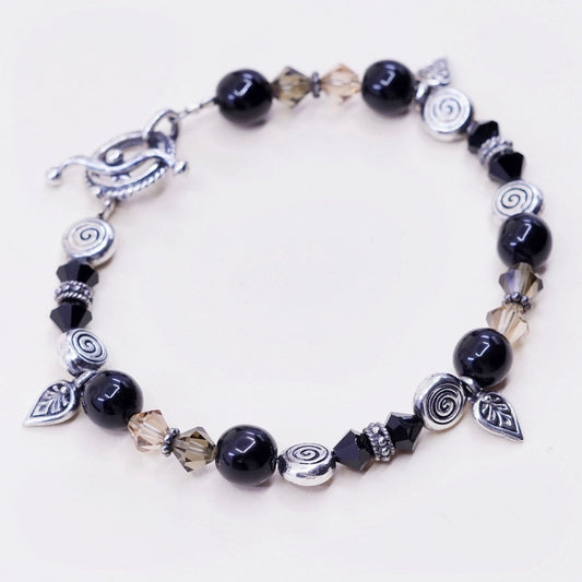 7”, Vintage Sterling silver bracelet, Mexico 925 beads w/ obsidian beads leaves