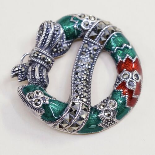 Vtg Christmas Sterling Silver Habdmade Pendant, 925 W/ Enamel Marcasite Wreath