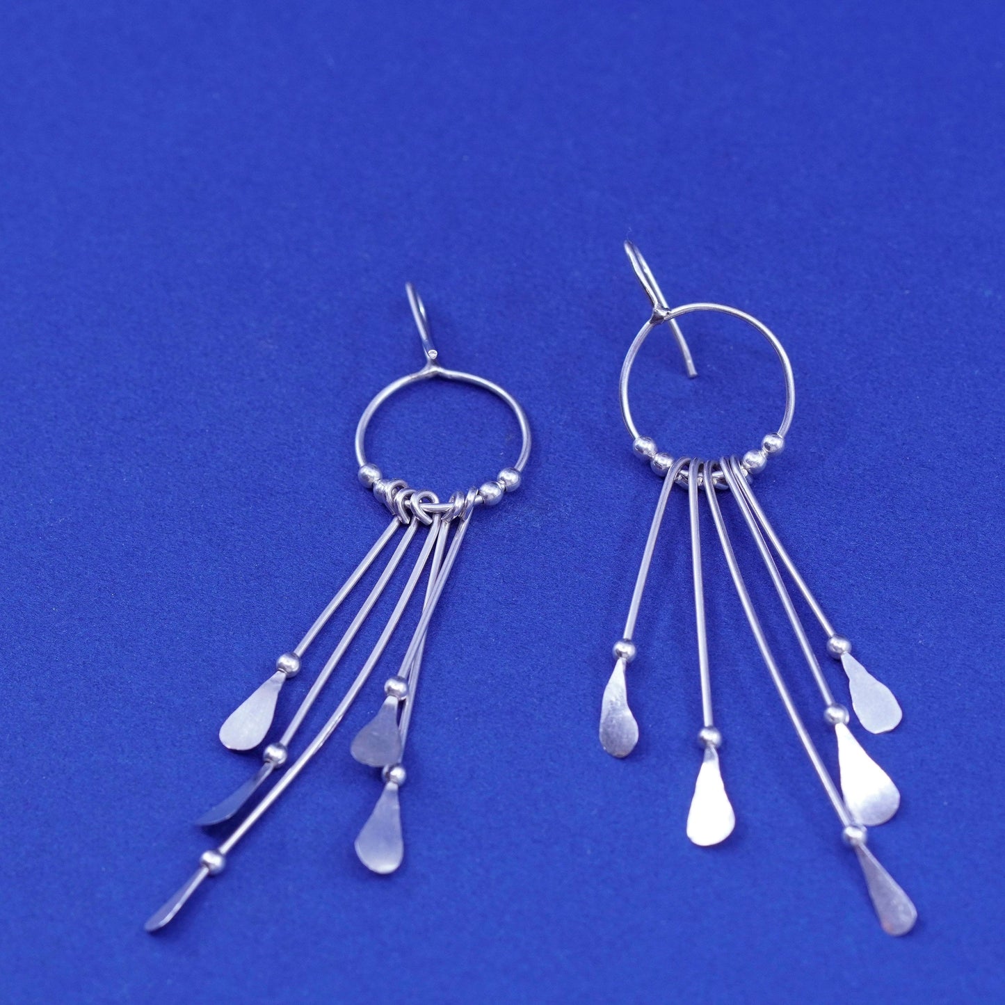 Vintage sterling silver handmade earrings, 925 fringe drops with beads
