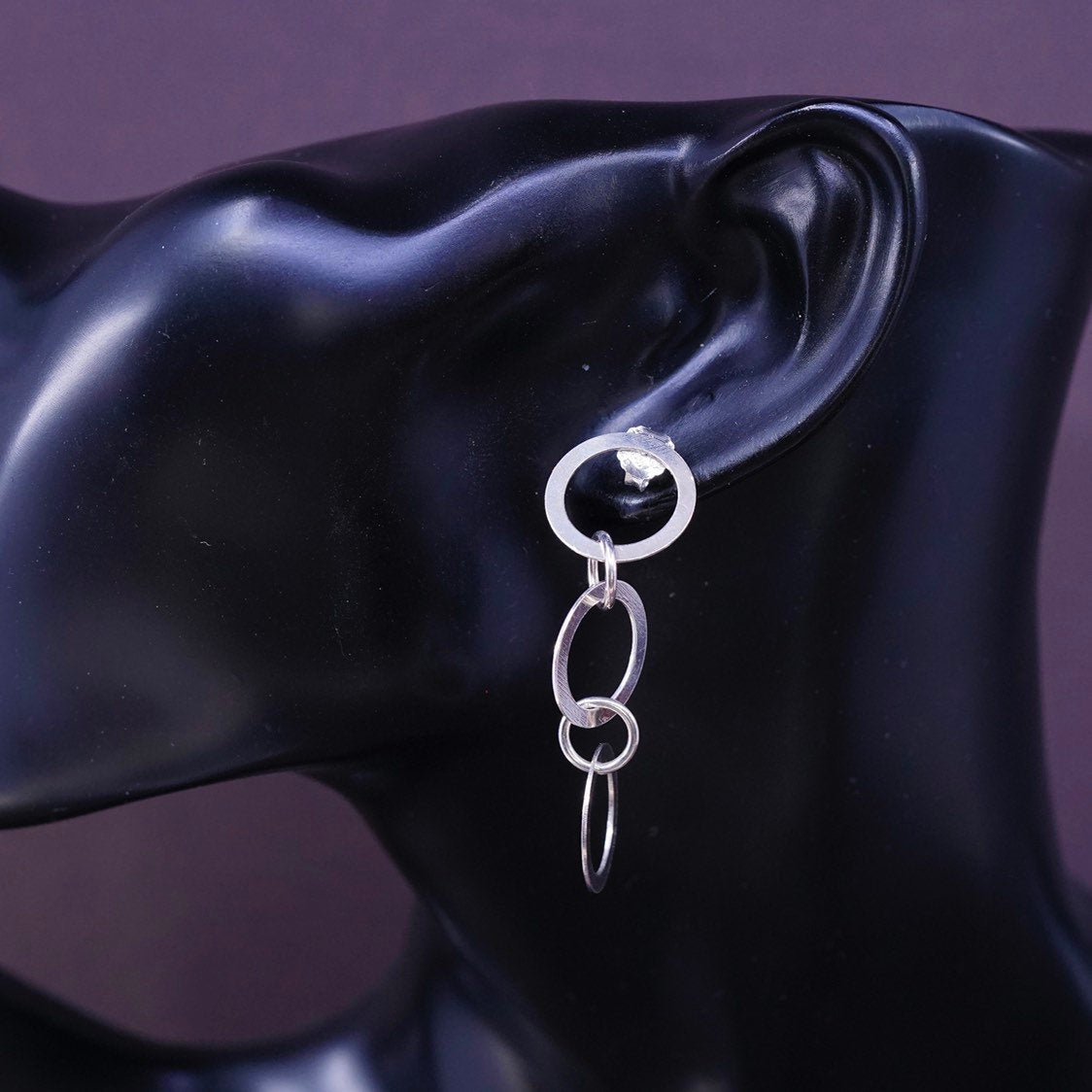 2” long, VTG Sterling silver handmade earrings, 925 entwined circles dangle