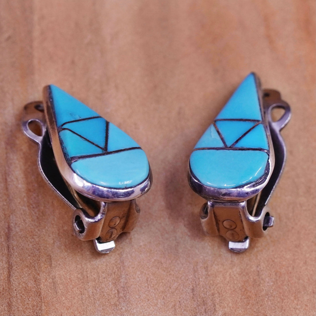 Native American Zuni Sterling 925 silver clip on teardrop earrings turquoise