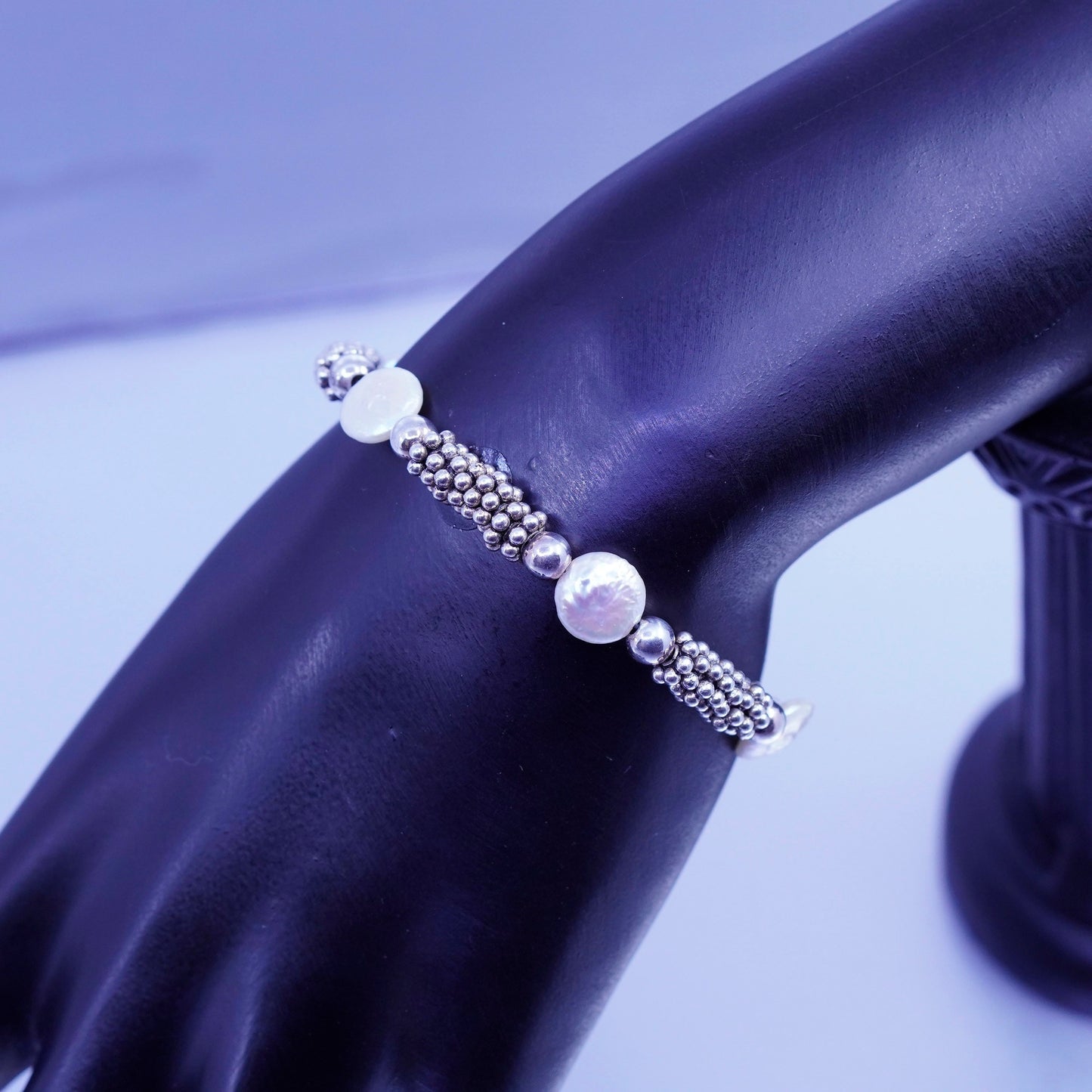 6.5”, vintage Sterling 925 silver bracelet with freshwater coin pearl