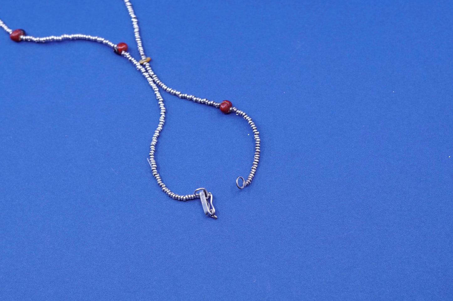 16”, Native American Navajo Sterling 950 silver heishi chain w/ coral beads