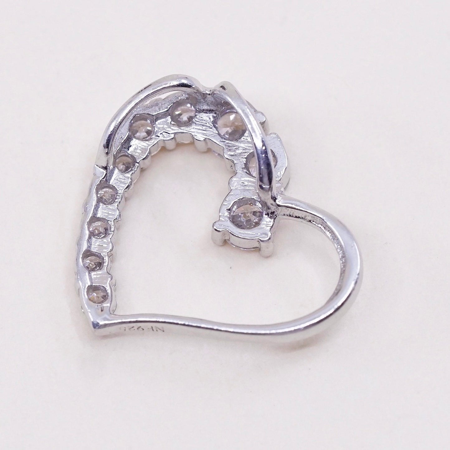 Vintage sterling silver pendant, round cut clear Cz, 925 heart pendant