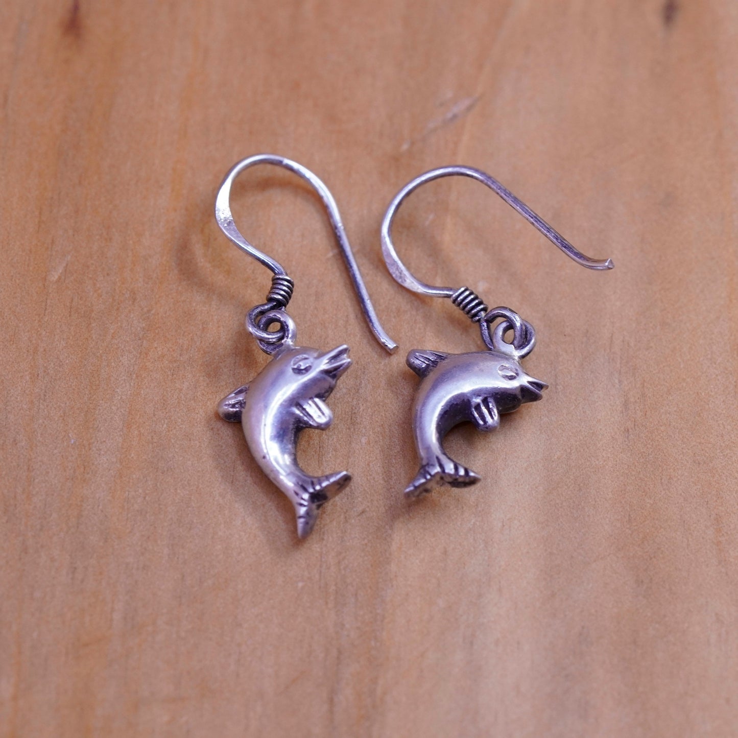 Vintage Sterling silver handmade earrings, 925 dolphin dangle