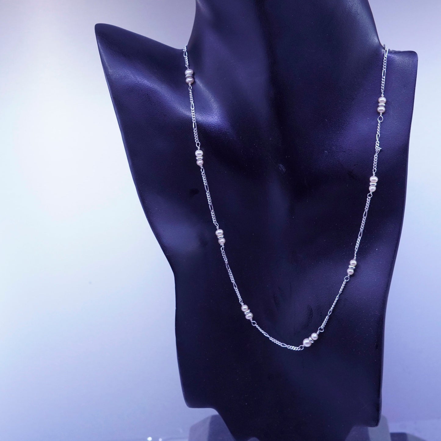 18”, Native American Sterling 925 silver handmade figaro necklace pearl beads