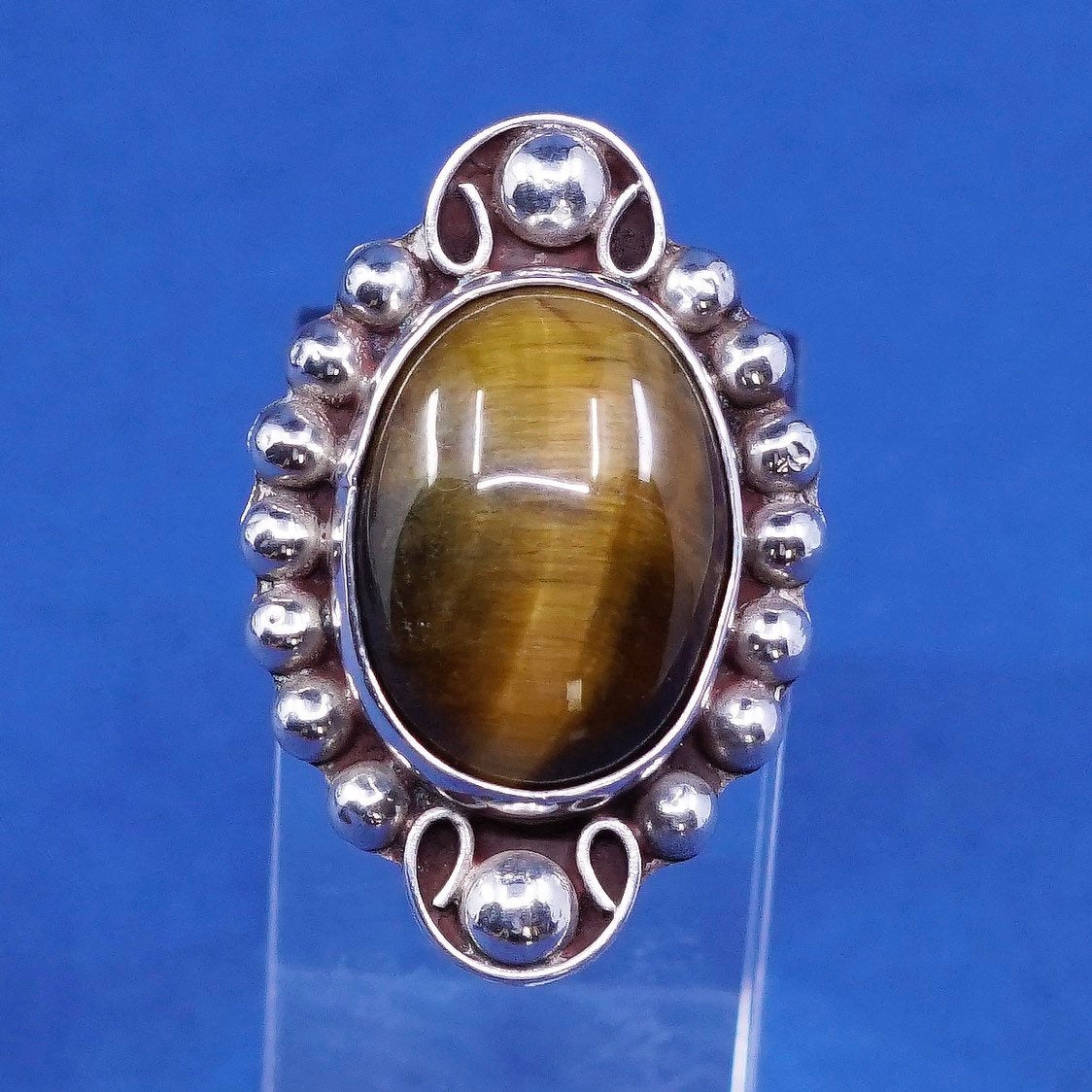 sz 5, vtg mexico Sterling 925 silver handmade ring w/ golden tiger eye N beads