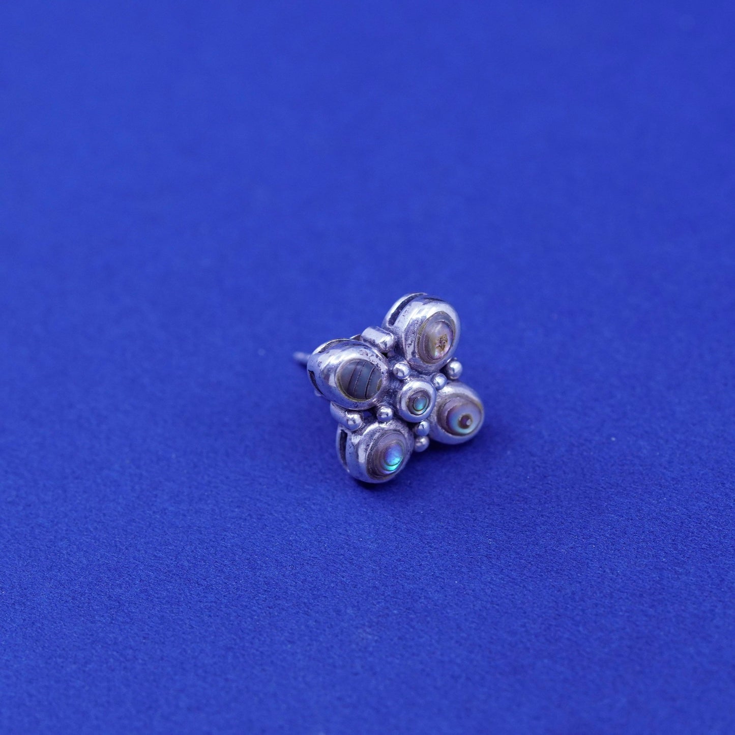 Vintage sterling silver handmade earrings, 925 floral studs with abalone