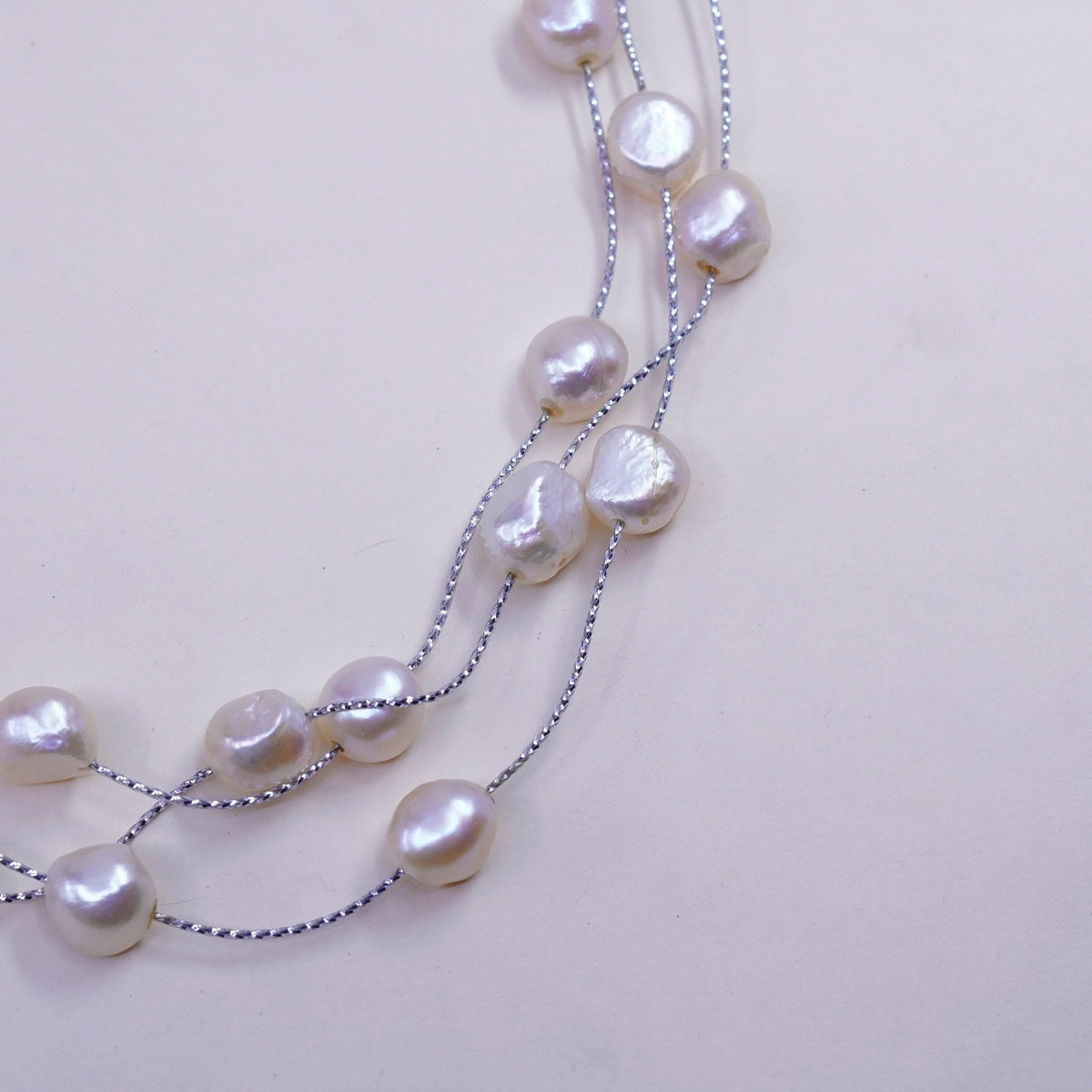 17”, Vintage handmade multi strands Sterling silver wheat chain pearl beads