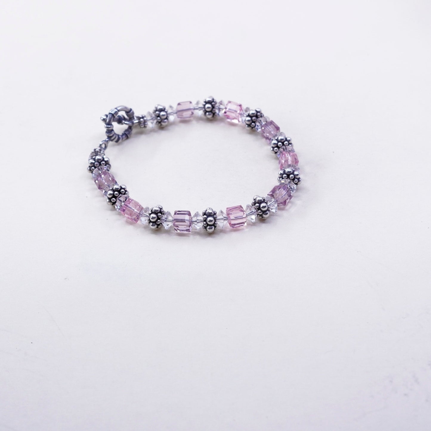 7”, Vintage Sterling silver handmade bracelet, 925 beads with pink crystal