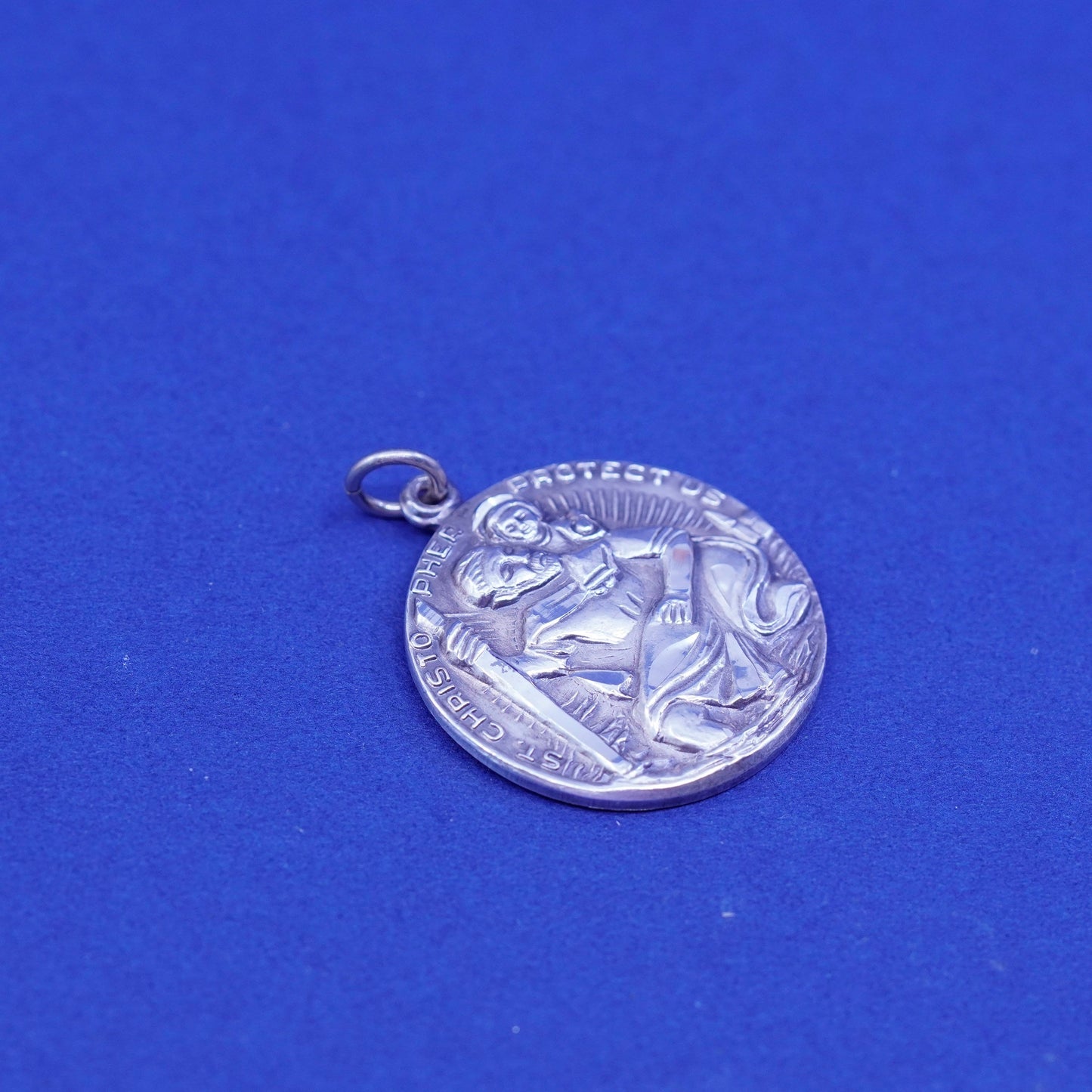 Vintage sterling 925 silver tag pendant, Saint Christopher protect us charm