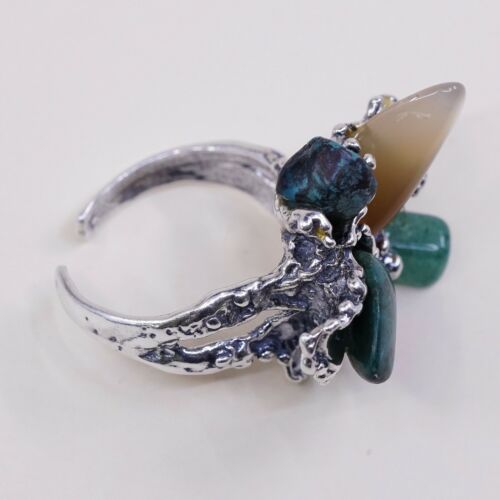 Sz Adjustable, Vtg Navajo Sterling 925 Silver W/ Turquoise Jade Ring, Silver Tes
