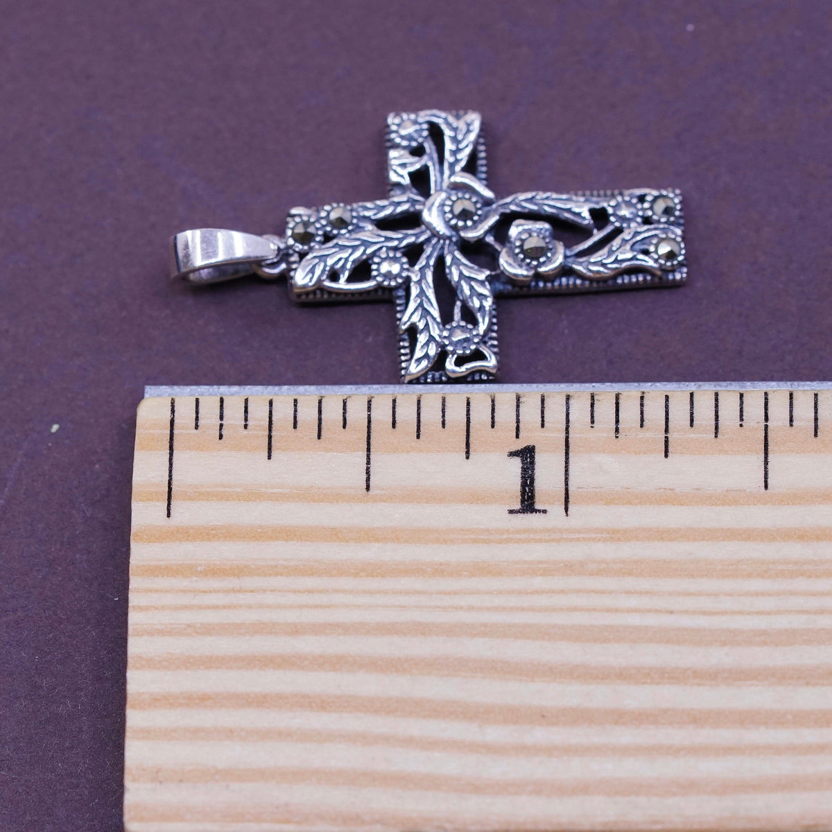 Sterling silver handmade pendant, 925 cross w/ marcasite details