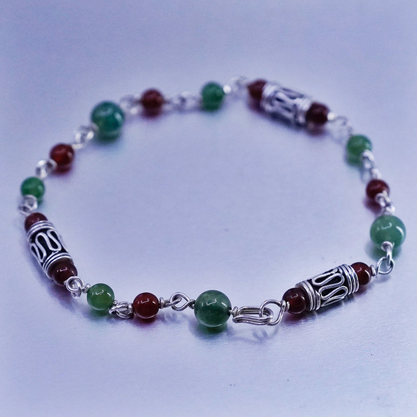 7”, vintage Sterling 925 silver bracelet with jade carnelian beads
