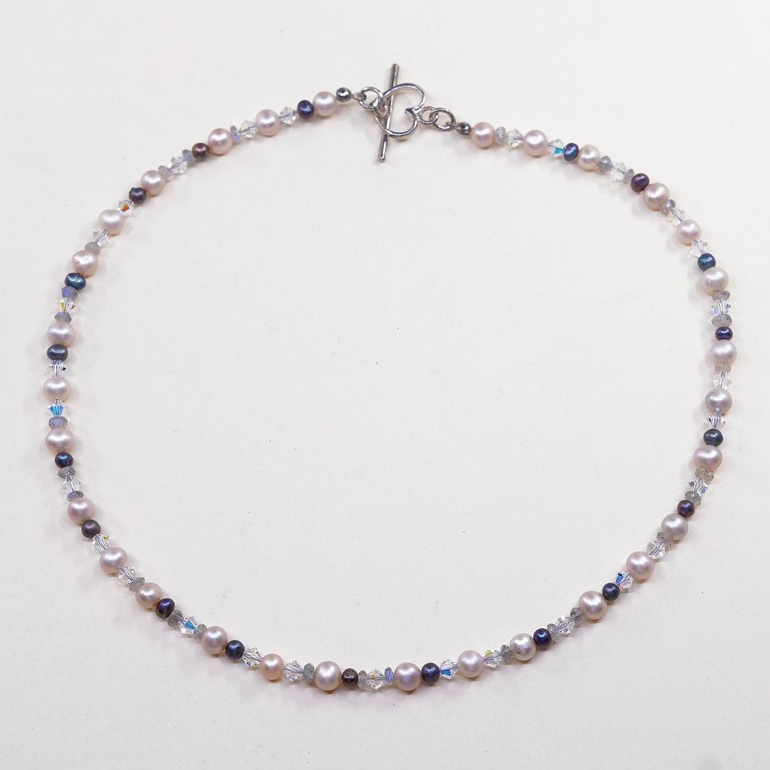 16", handmade sterling 925 silver toggle w/ genuine pearl n crystal necklace