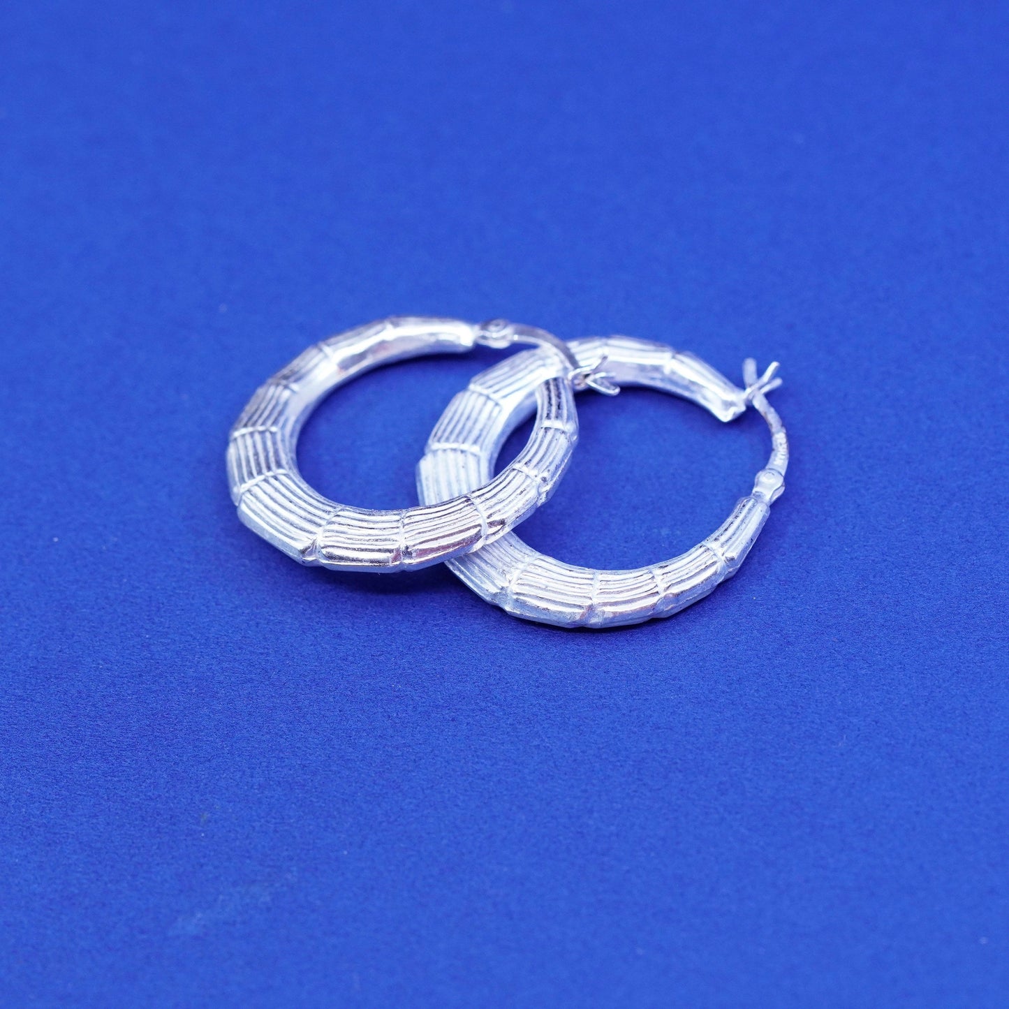 1.25”, Vintage Sterling silver handmade earrings, bamboo 925 hoops Huggie