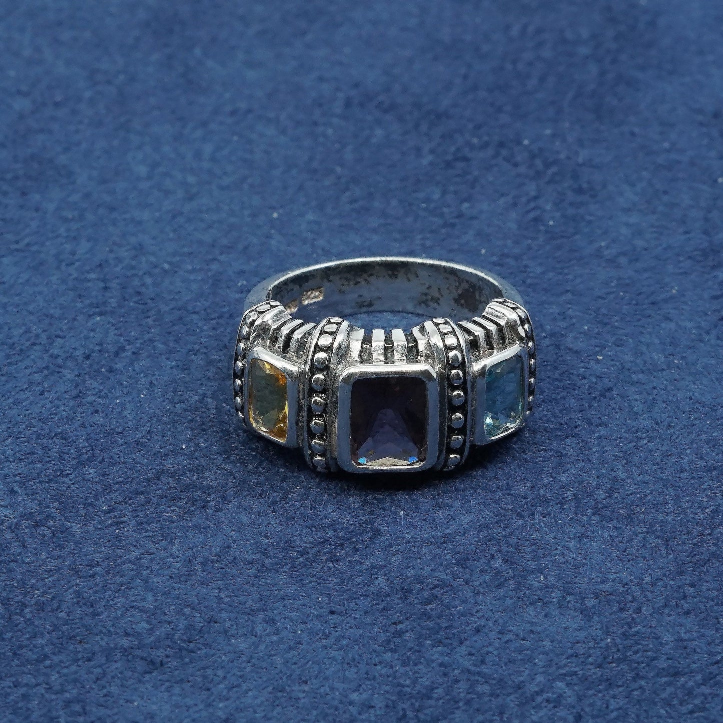 Size 7.5, vtg Sterling silver handmade ring, 925 w/ amethyst sapphire n citrine