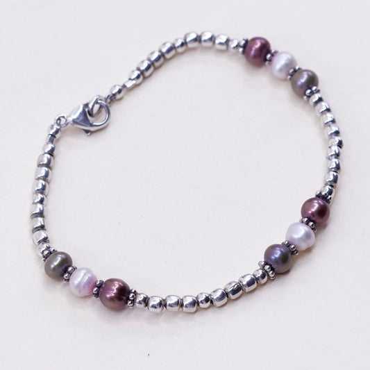 7”, vtg sterling silver handmade bracelet, 925 beads with black and white pearl