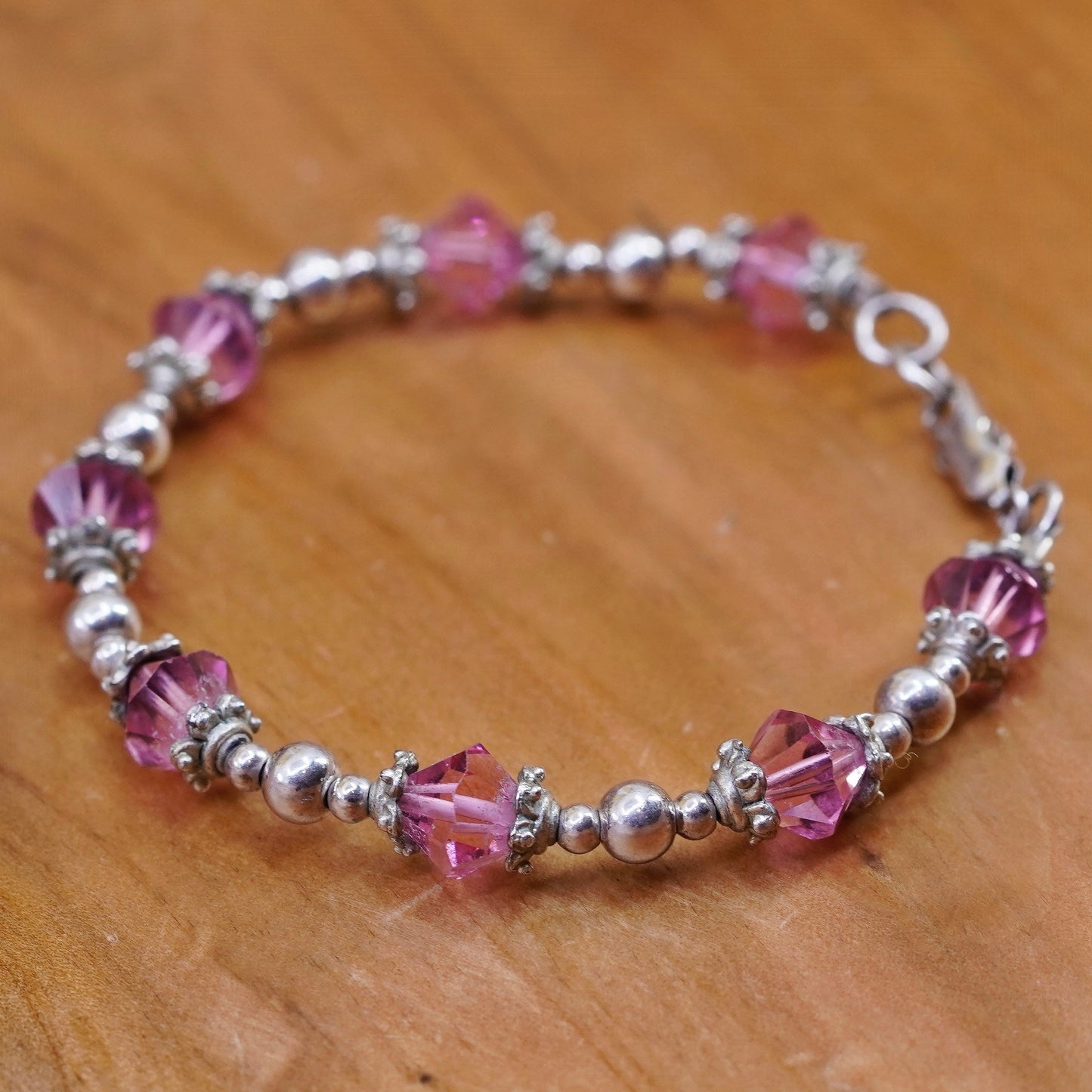 7”, Vintage Sterling silver handmade bracelet, 925 beads with pink crystal