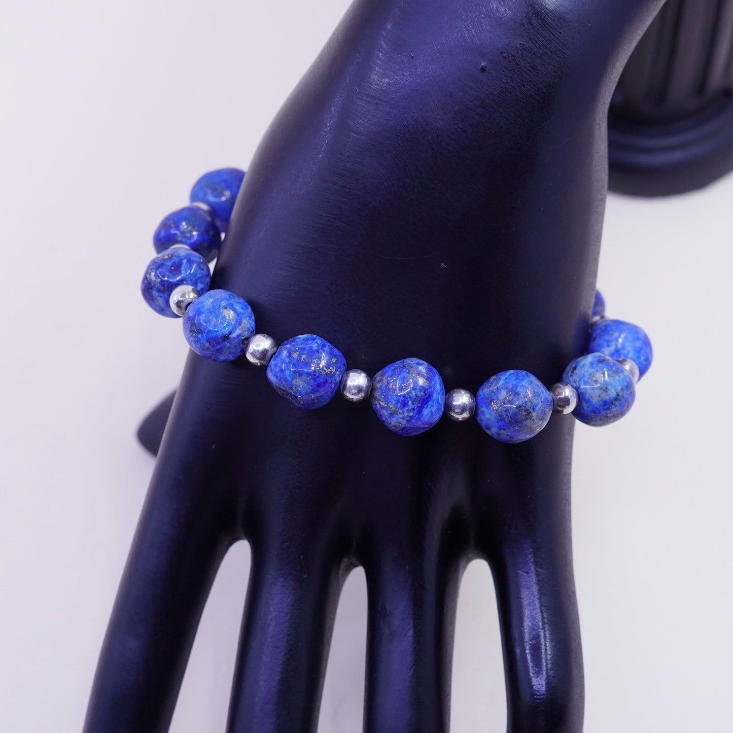 7.5+1”, Vintage Sterling 925 silver Handmade bracelet 10mm lapis lazuli beads