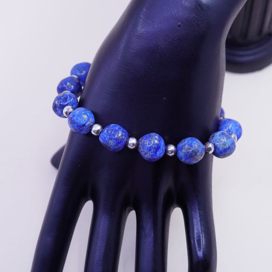 7.5+1”, Vintage Sterling 925 silver Handmade bracelet 10mm lapis lazuli beads