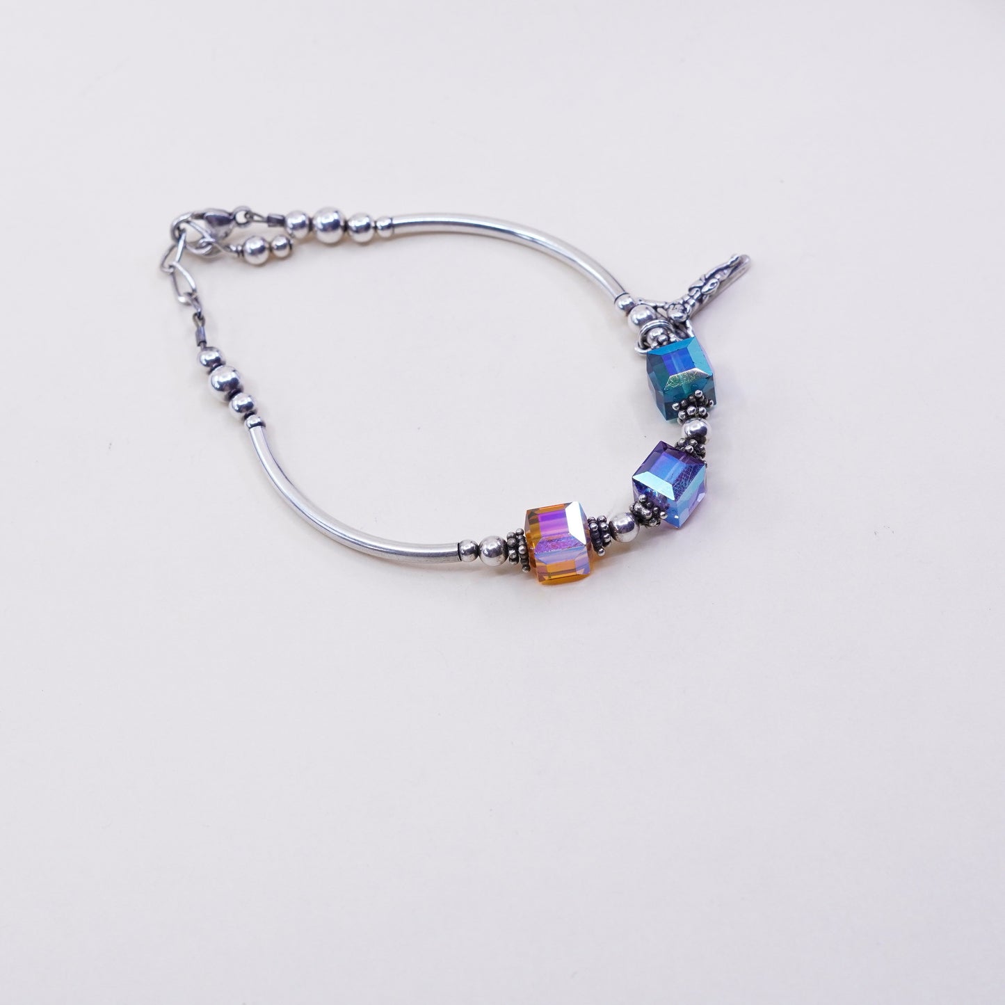 7”, Sterling 925 silver handmade bracelet Swarovski crystal beads N cross charm