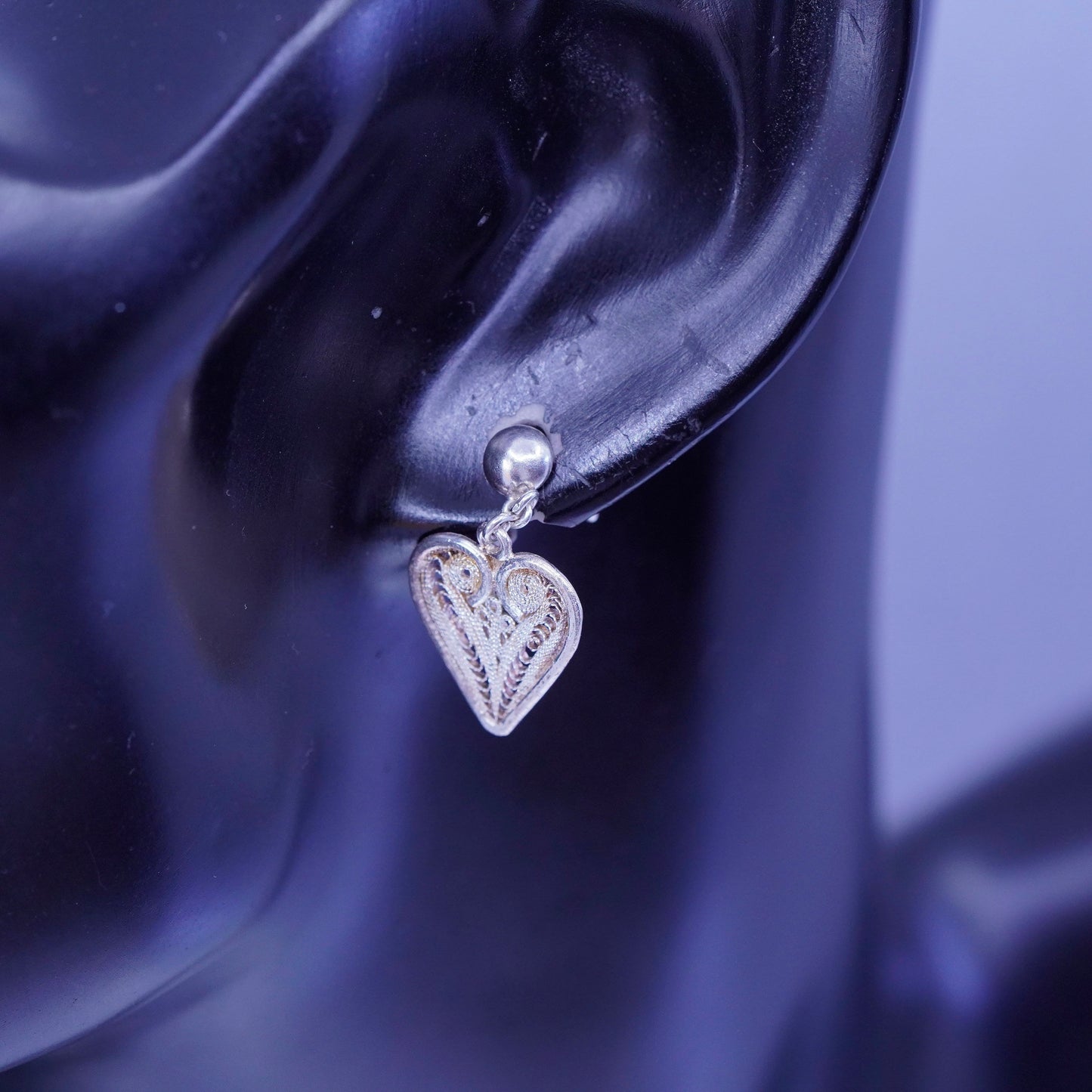 Vintage Sterling 925 silver handmade filigree heart earrings