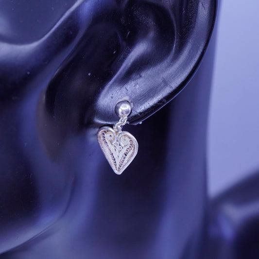 Vintage Sterling 925 silver handmade filigree heart earrings