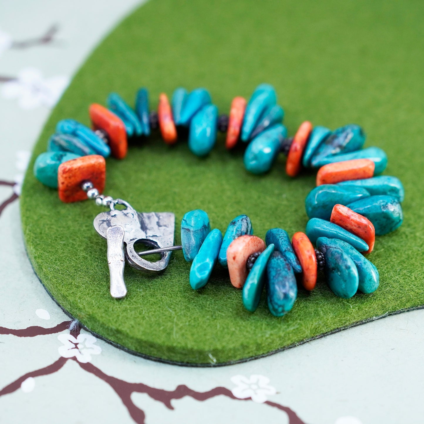 7”, southwestern Sterling 925 silver handmade bracelet turquoise coral beads