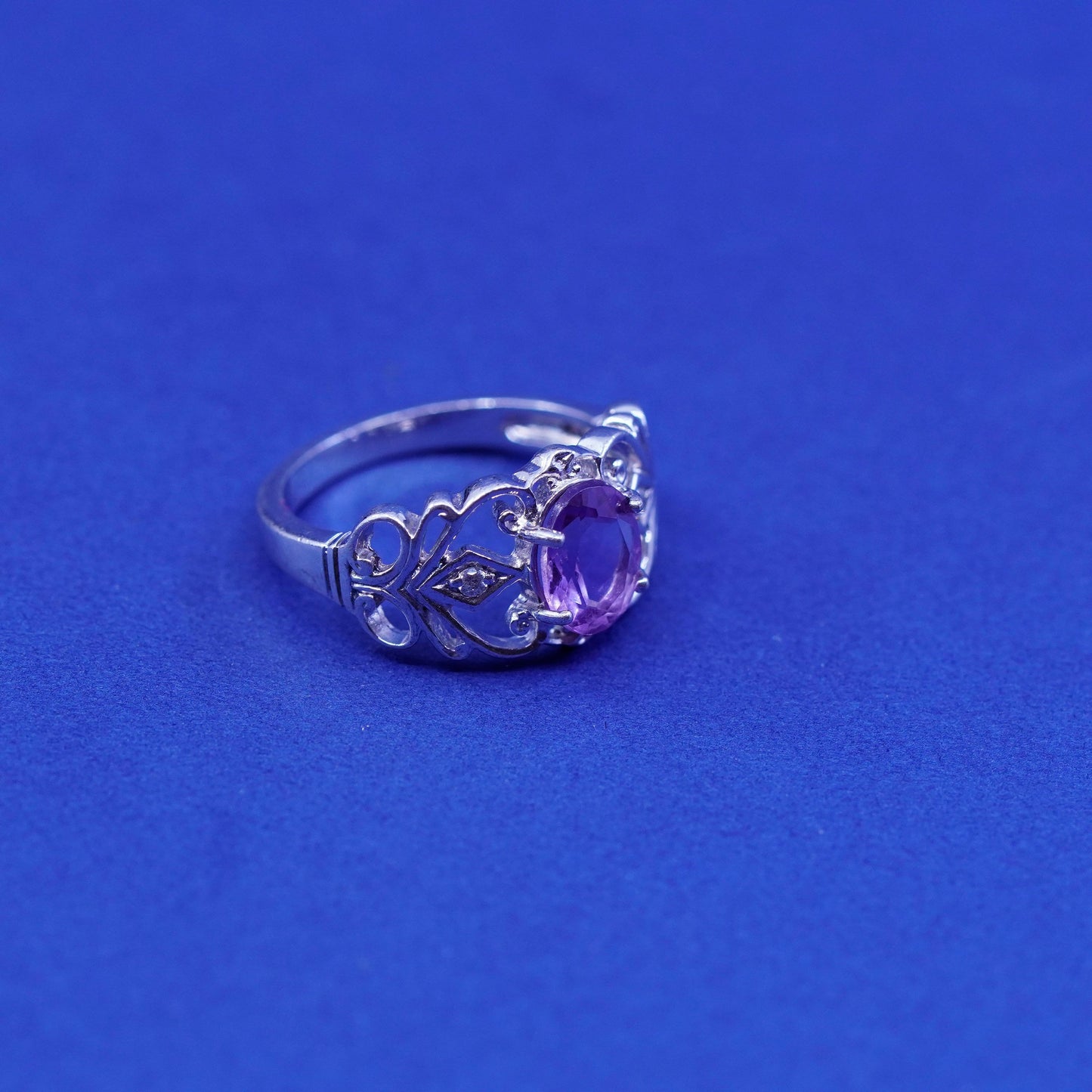 Size 6, Vintage Sterling silver handmade ring, 925 filigree band w/ amethyst Cz