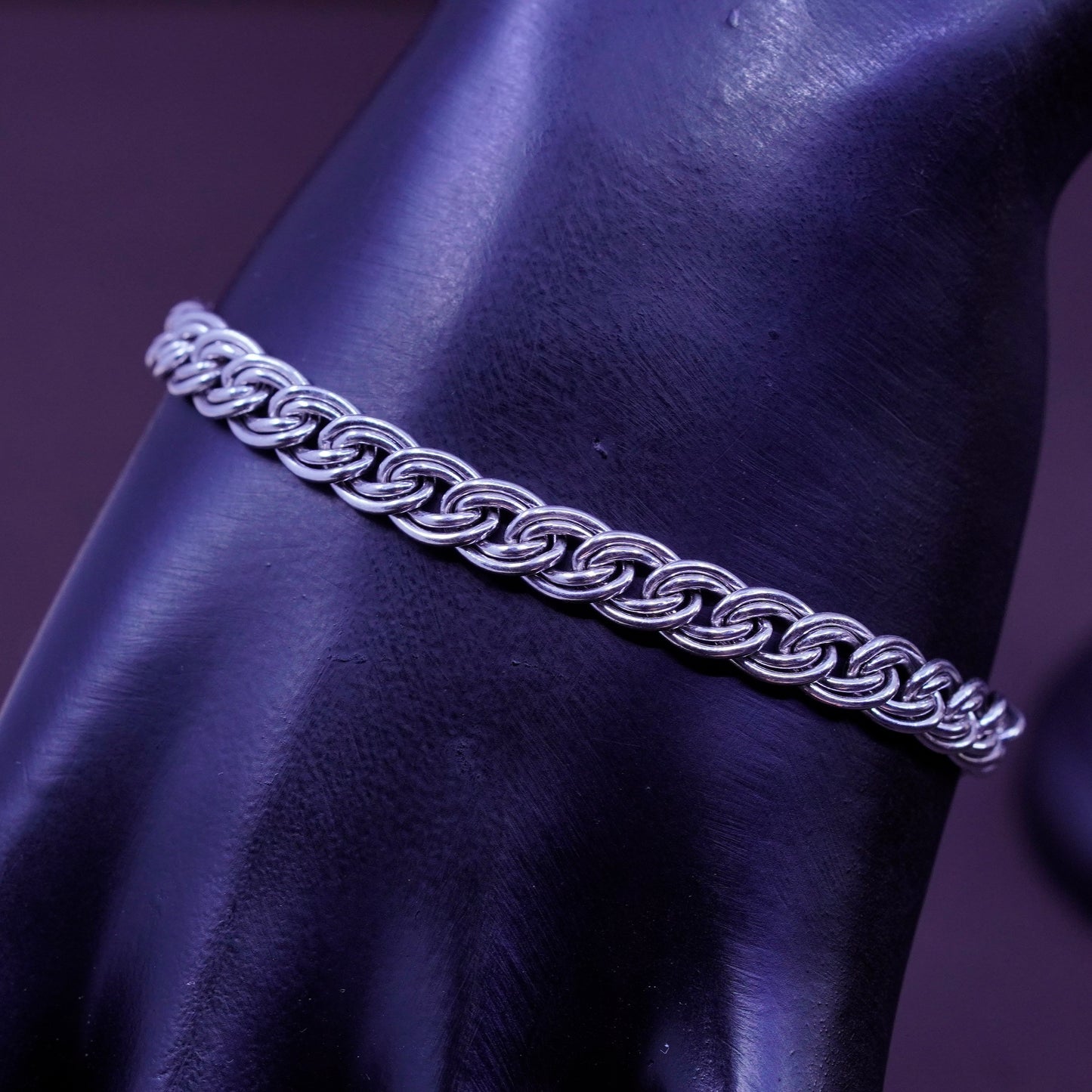 7”, 6mm, vintage Sterling silver handmade double curb bracelet, 925 charm chain