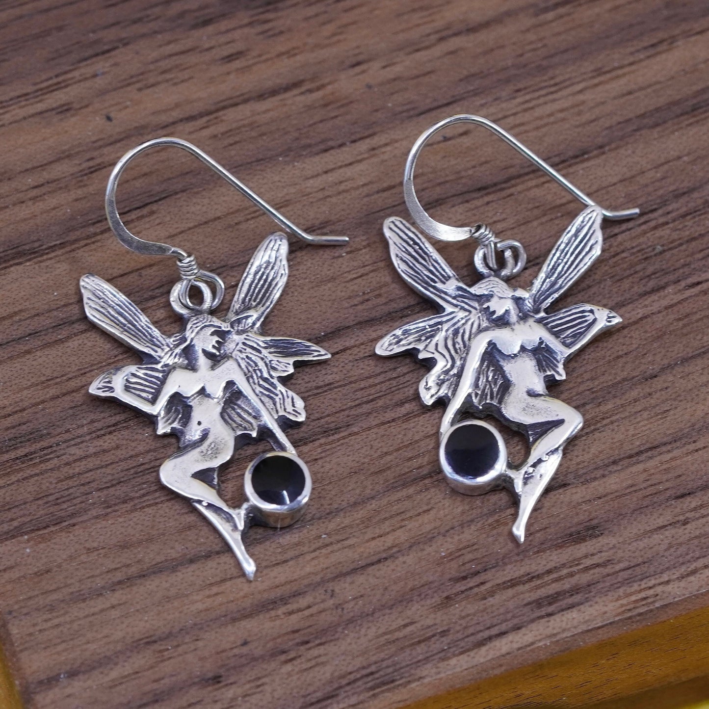 Vintage Sterling silver handmade earrings, Mexican 925 fairy dangles with onyx