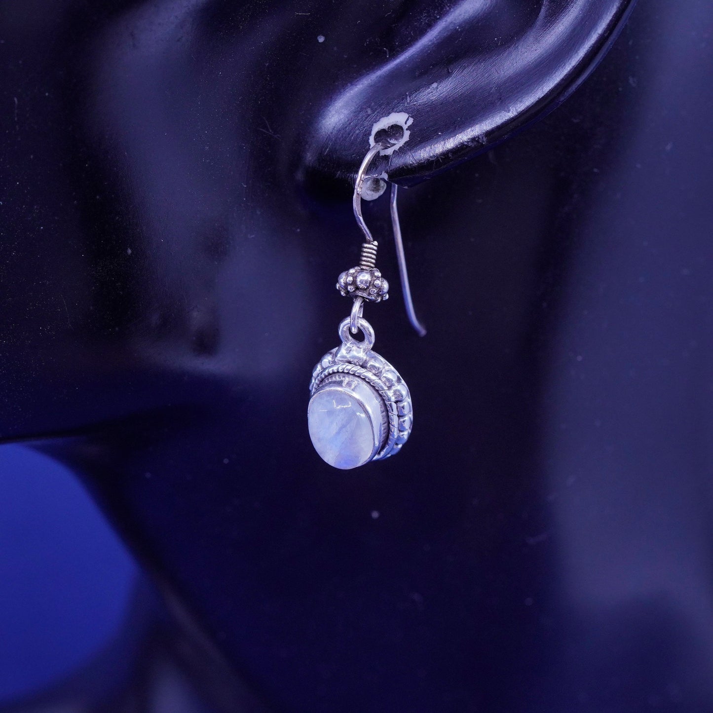 Vintage Sterling 926 silver handmade earrings with oval moonstone and beads