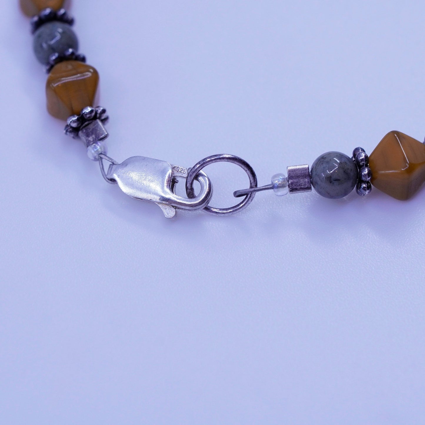 7”, vintage Sterling 925 silver bracelet with golden tiger eye jasper beads