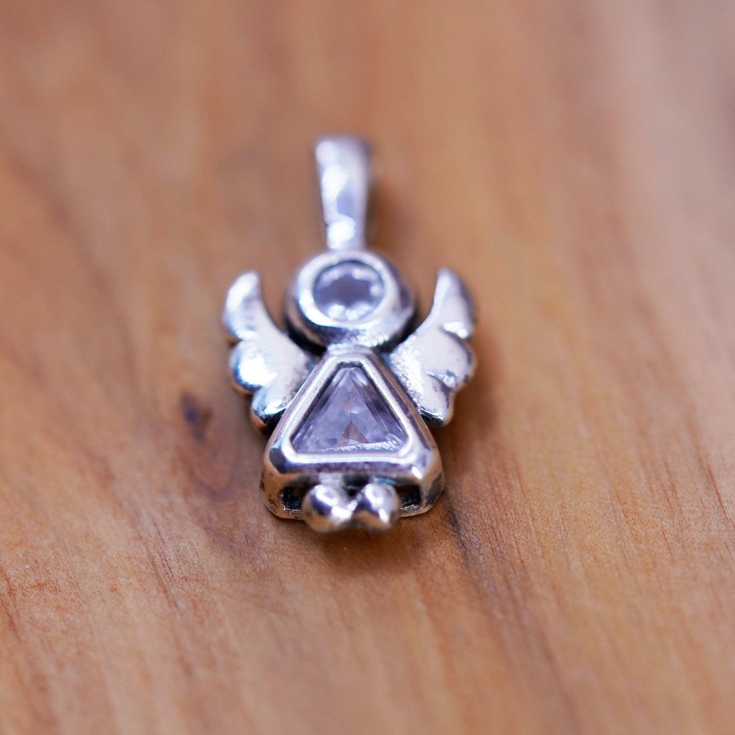 Vintage Sterling silver handmade pendant, 925 angel charm with cz