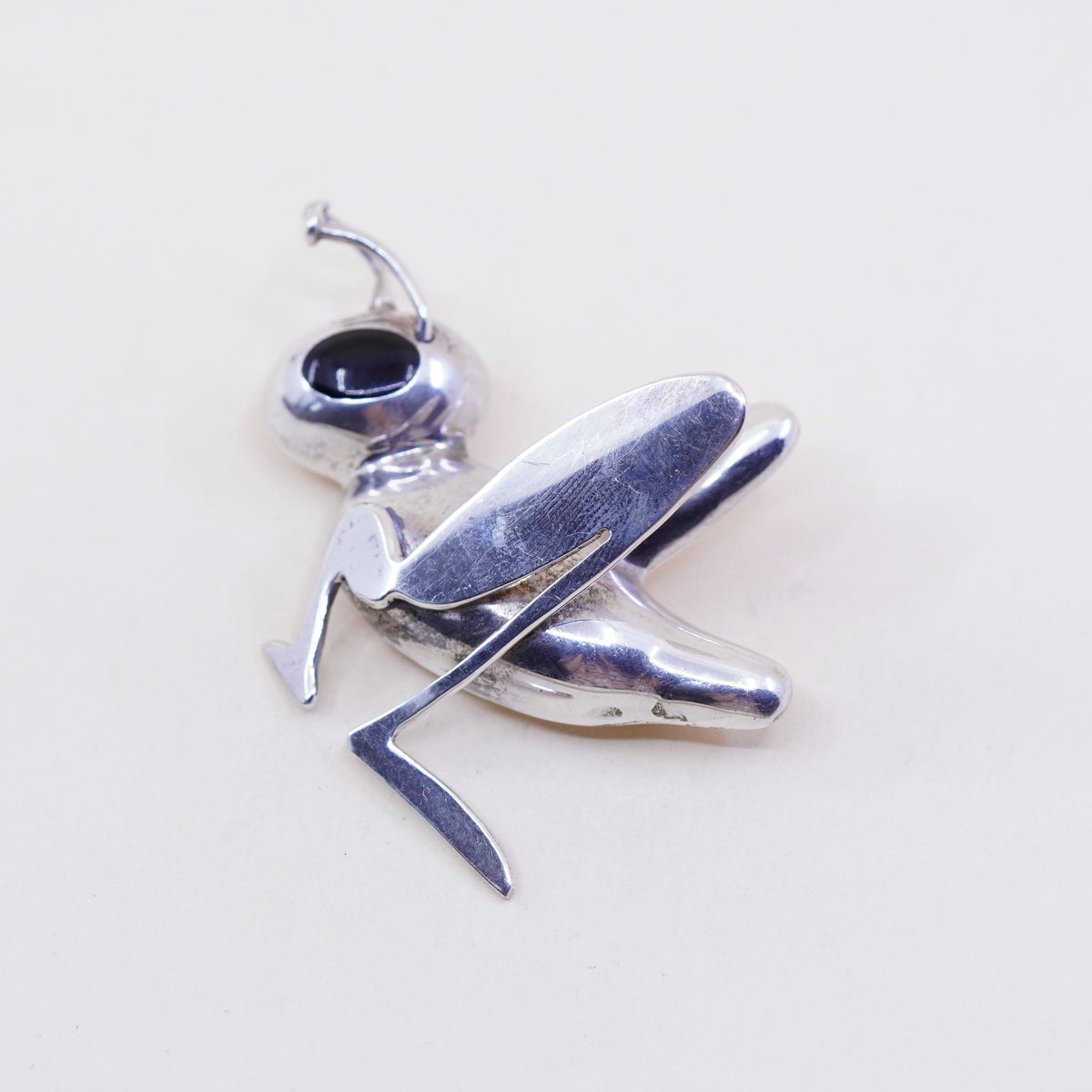 Vintage Sterling silver handmade brooch, Mexico 925 pin with cricket obsidian