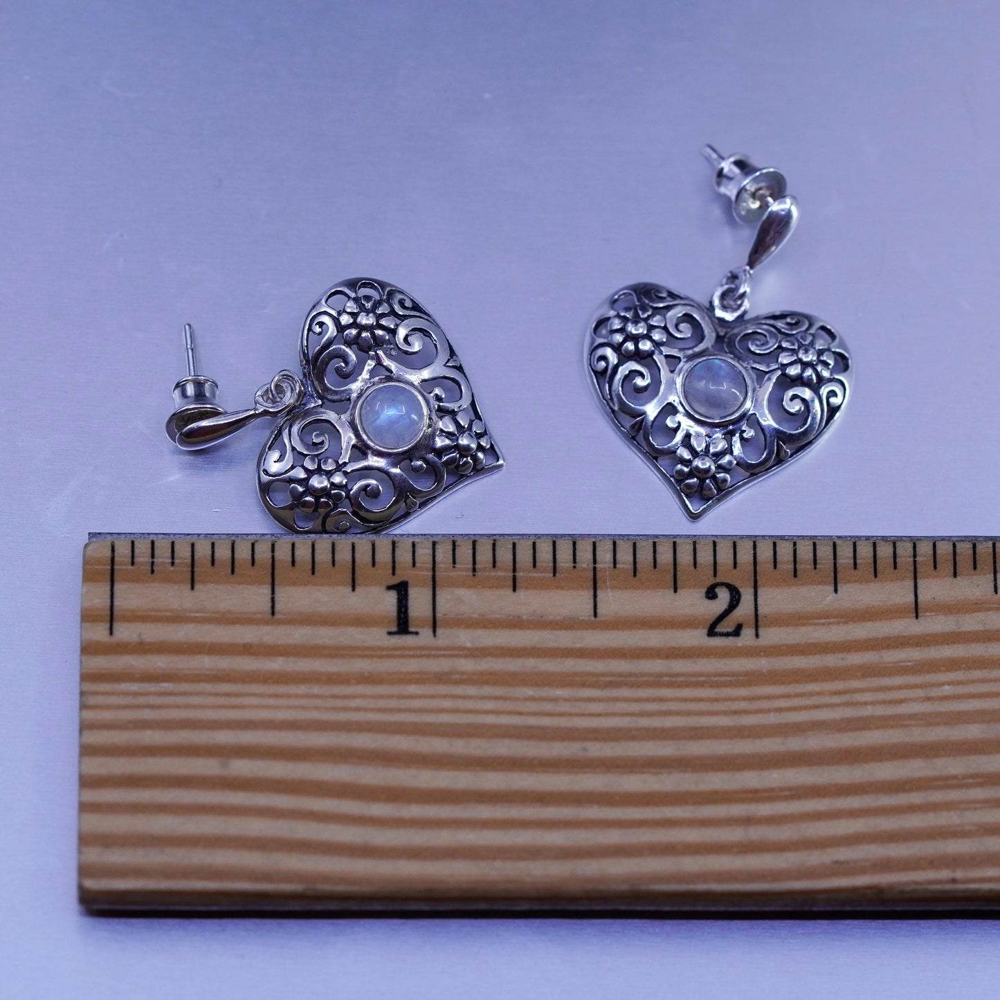 Vintage Sterling 925 silver handmade filigree heart earrings with moonstone