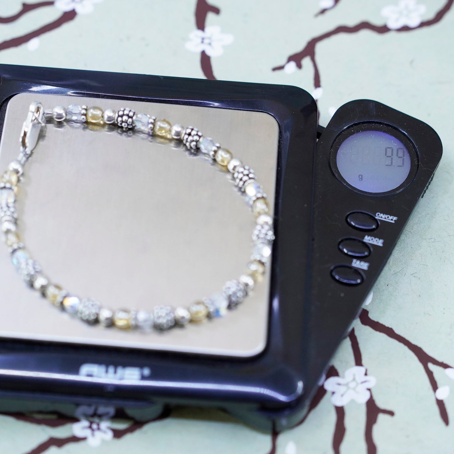7.5” Vintage 925 Sterling silver handmade bracelet, crystal beads