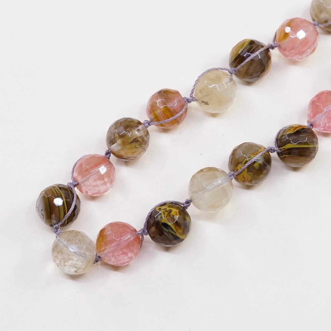 18”, vtg handmade Checker Cut agate quartz beads with linen thread necklace
