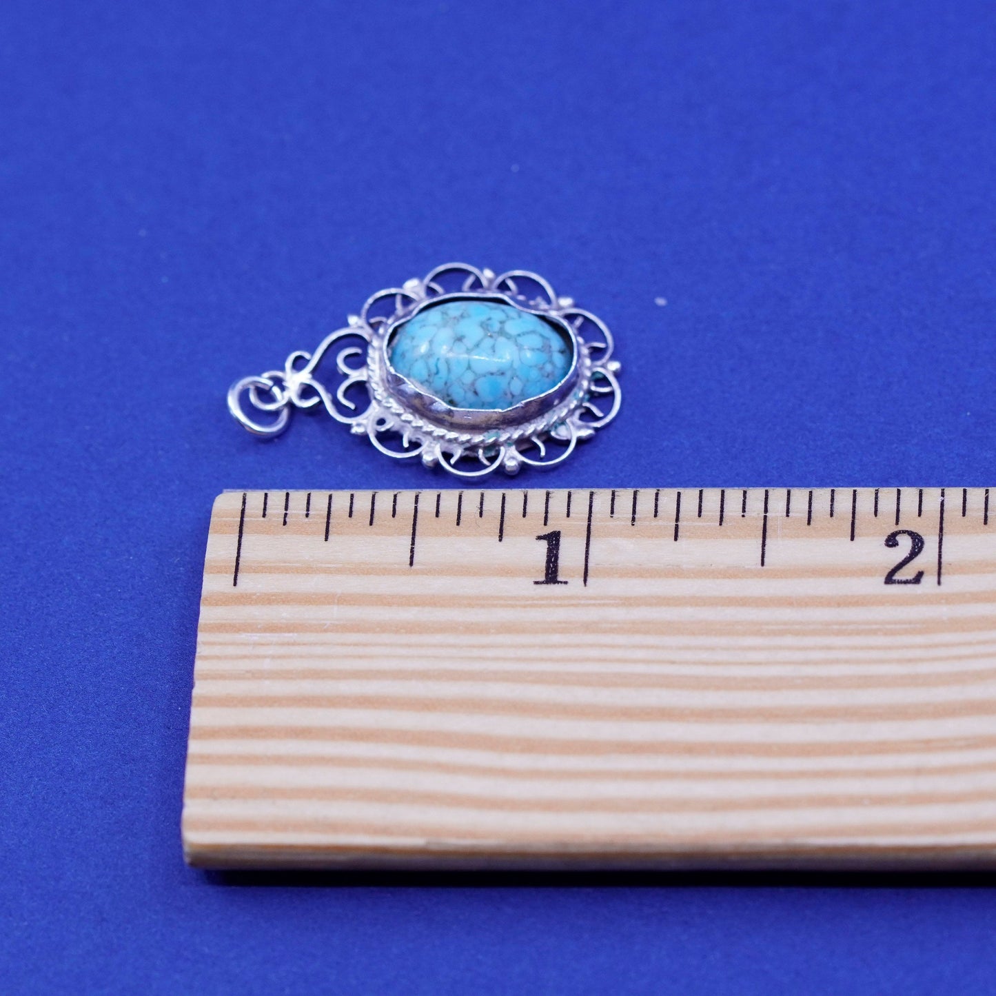 Vintage Sterling silver handmade pendant, 925 filigree with oval turquoise