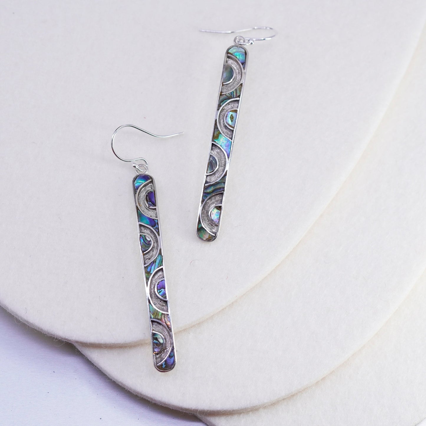 Vintage designer Sterling 925 silver handmade long earrings with abalone