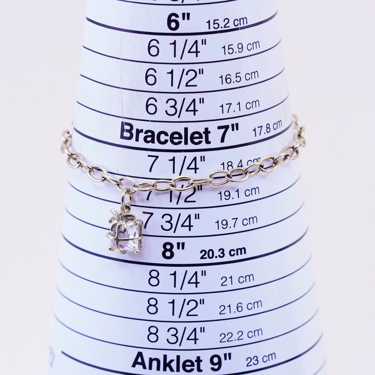 7.5”, vtg Vermeil gold over Sterling silver circle chain bracelet box charm cz