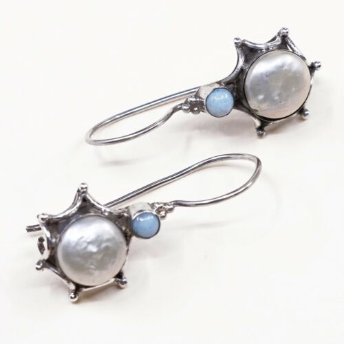Vintage Southwestern handmade Sterling Silver Pearl Earrings w/ Larimar Details