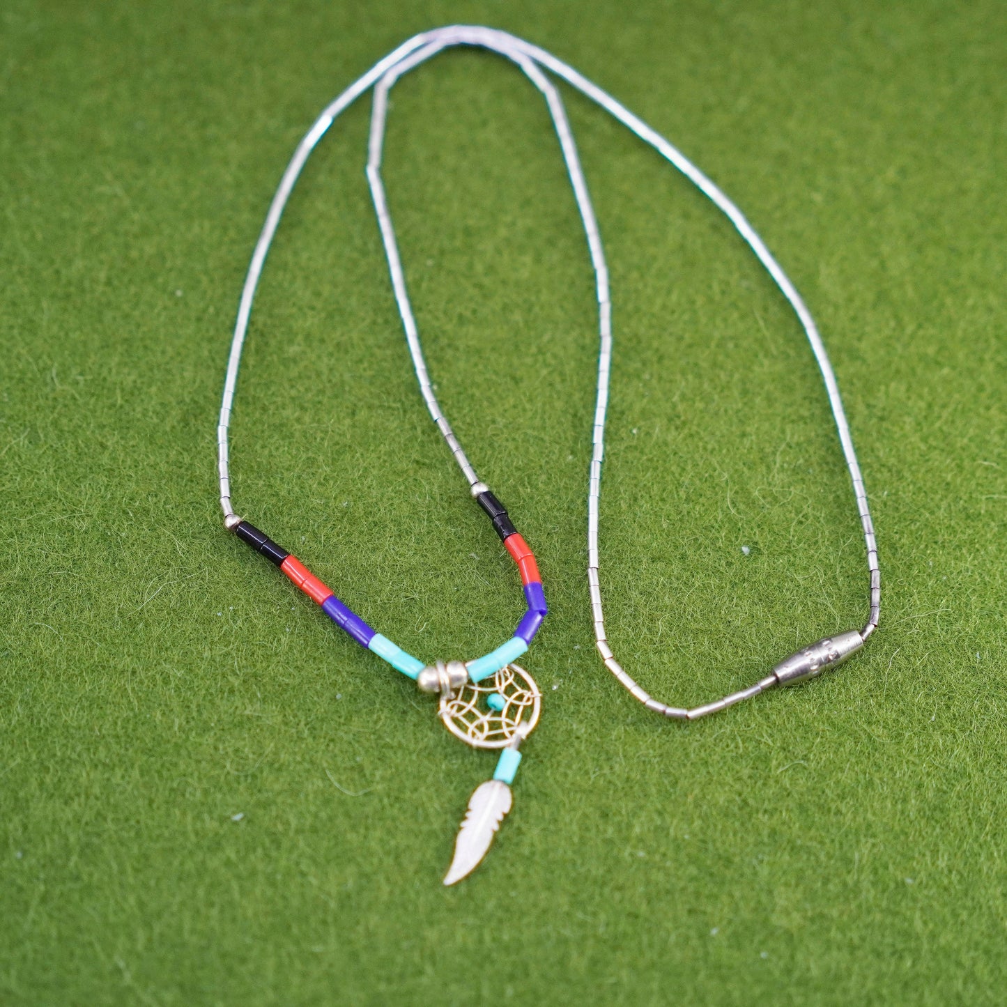 16”, Native American Navajo Sterling necklace 925 liquid silver feather pendant