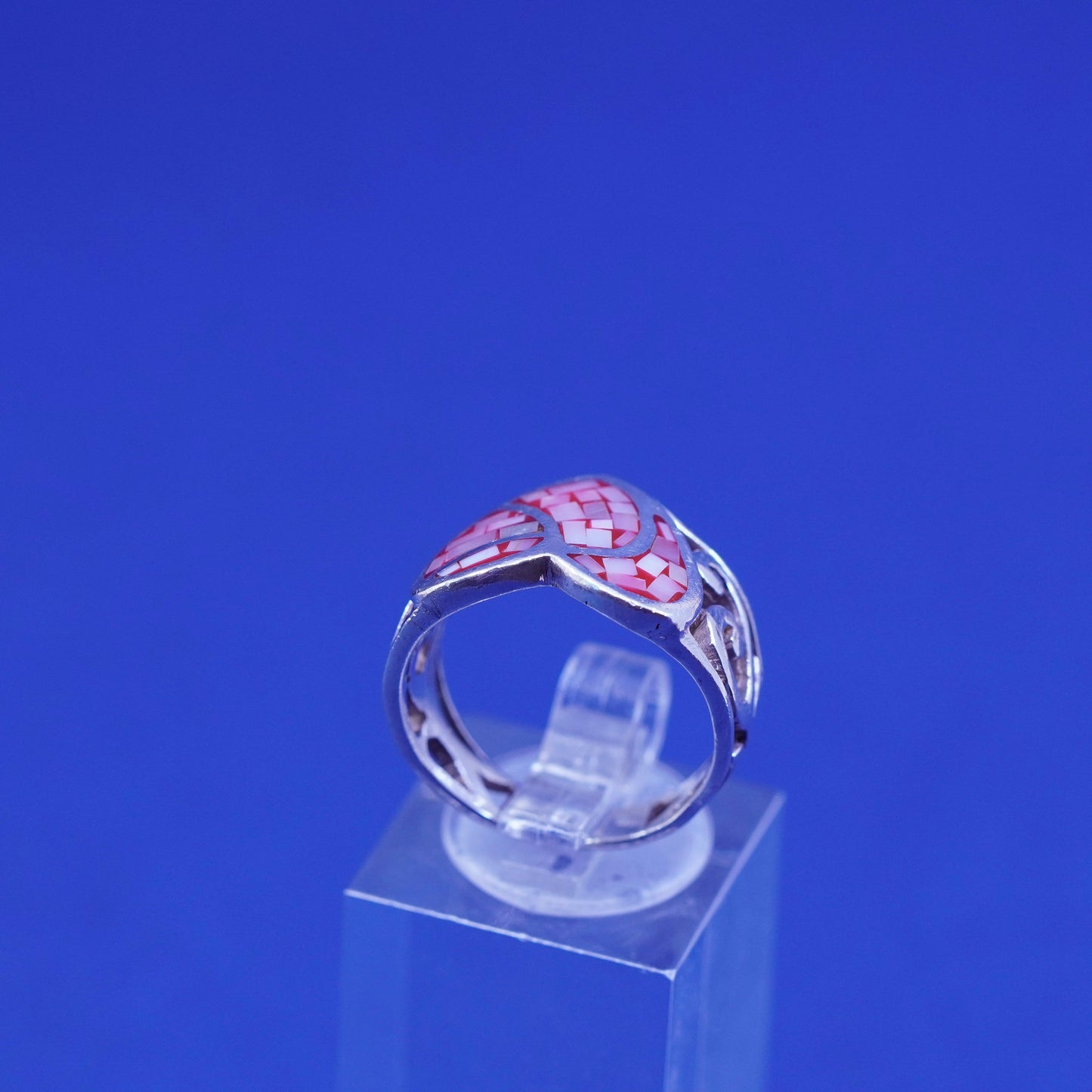 Size 7, vtg Sterling silver handmade ring, 925 heart band pink mother of pearl