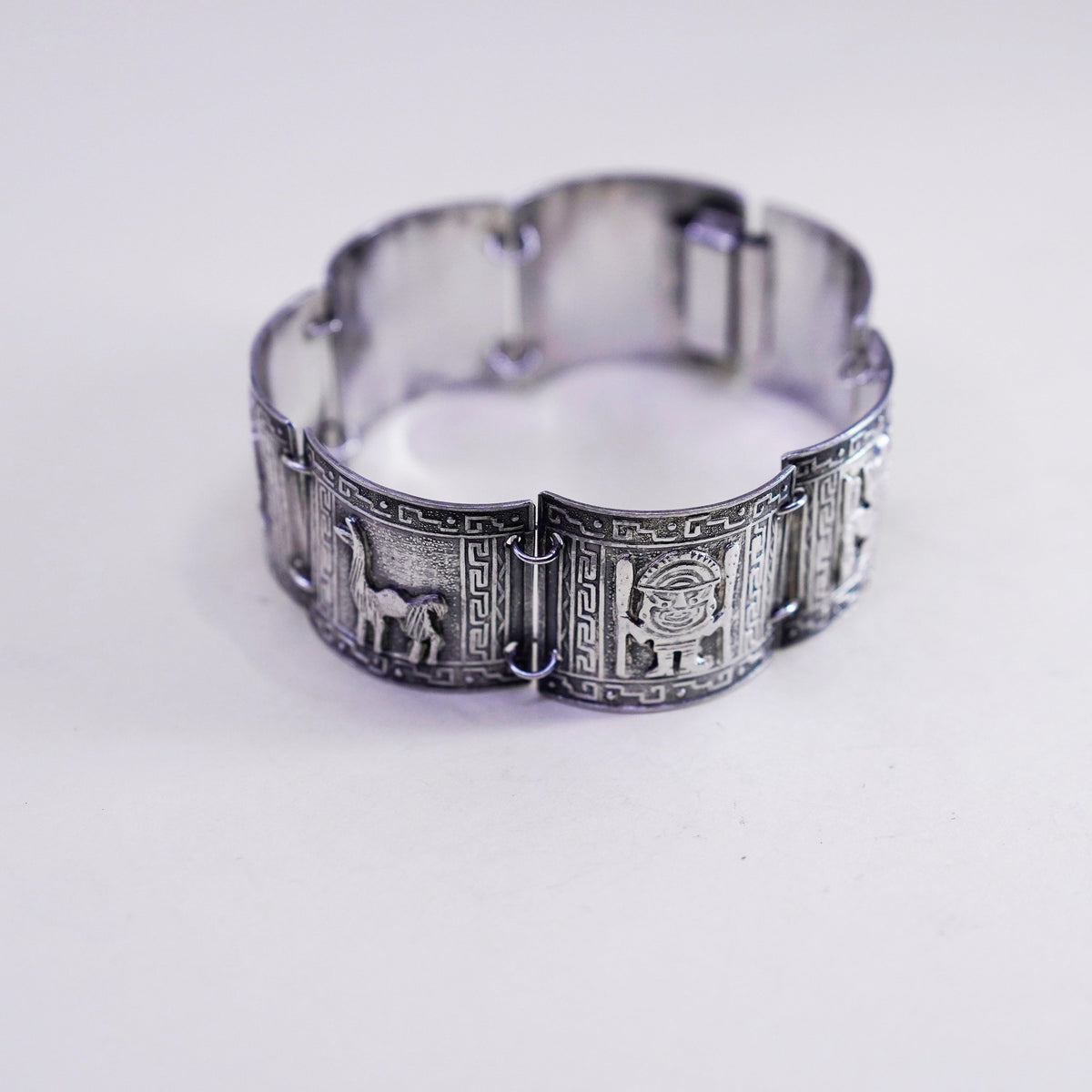 6”, vintage Signed JFG Peru 925 Sterling Silver Wide Bracelet, Aztec Mayan