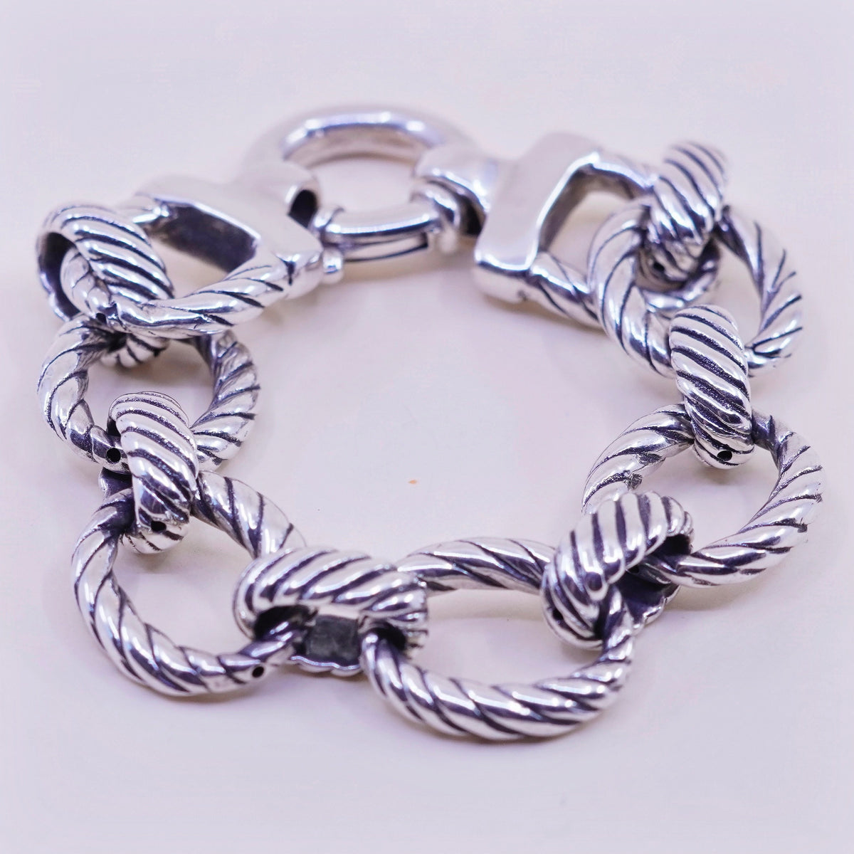 5.75”, Vintage puffy sterling silver bracelet, ribbed textured 925 circle chain