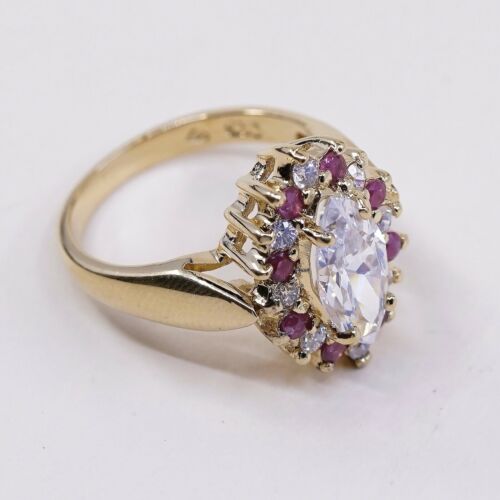 Sz 6, vermeil, gold over Sterling Silver Ring W/ ruby N Cz Around, stamped 925