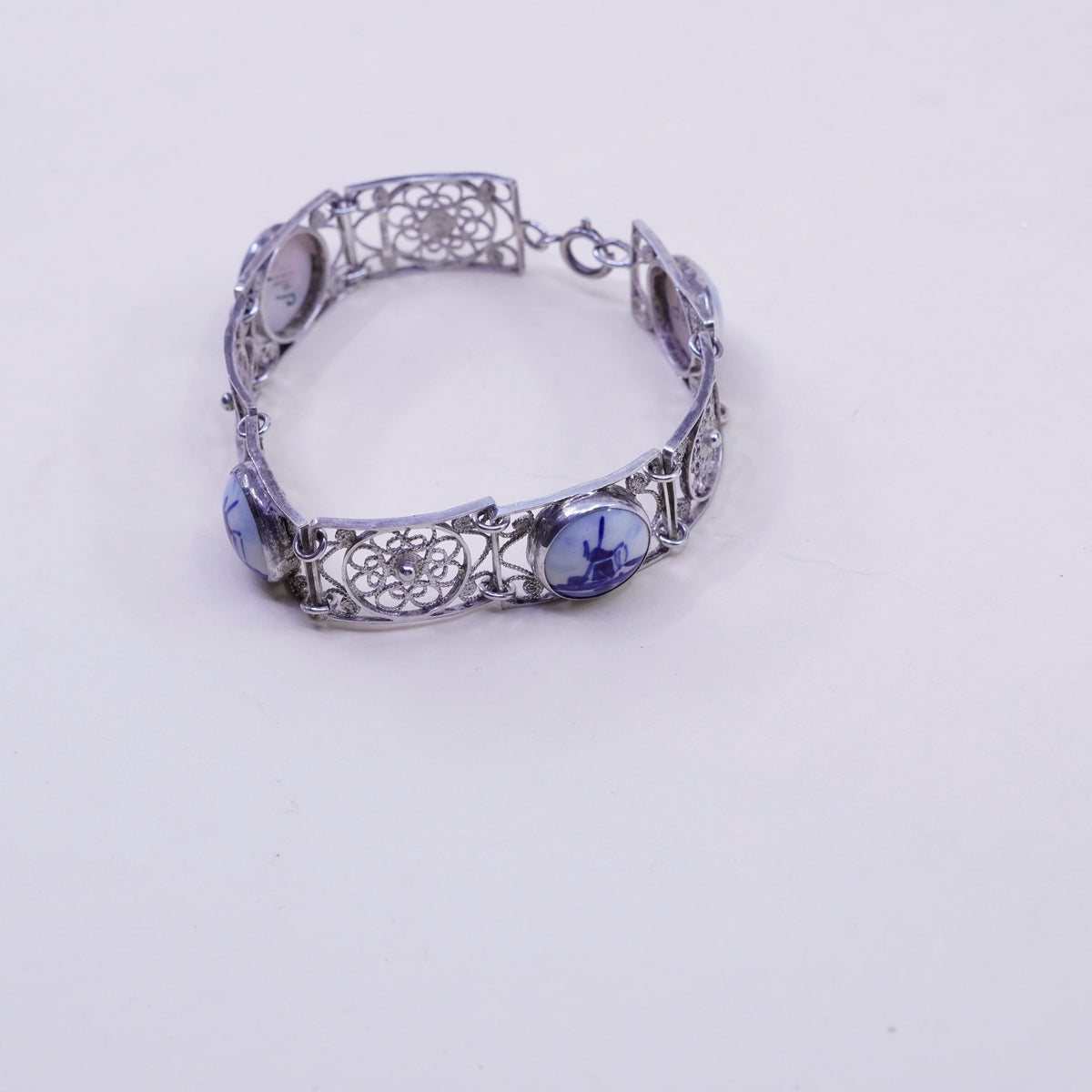 vtg Holland Delft Blue Windmill .925 Sterling Silver Bezel filigree bracelet